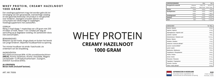 Whey Proteïne 80%, Creamy Hazelnoot - 1000 Gram - YOURGYMLABEL