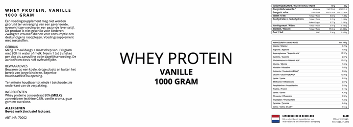 Whey Proteïne 80%, Vanille - 1000 Gram - YOURGYMLABEL