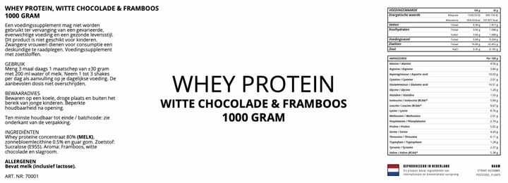 Whey Proteïne 80%, Witte Chocolade & Framboos - 1000 Gram - YOURGYMLABEL